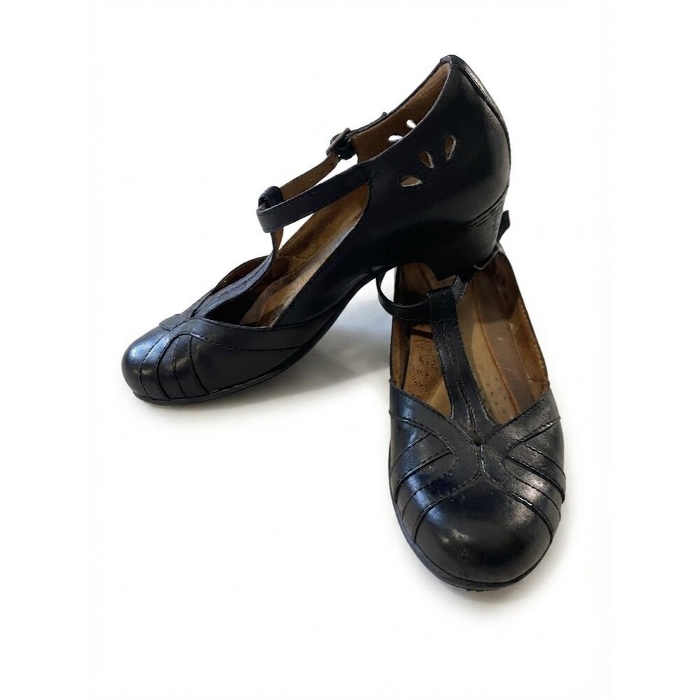 Rockport Cobb Hill Angelina Black Leather T-Strap Mary Jane Heels Shoes Women 8M